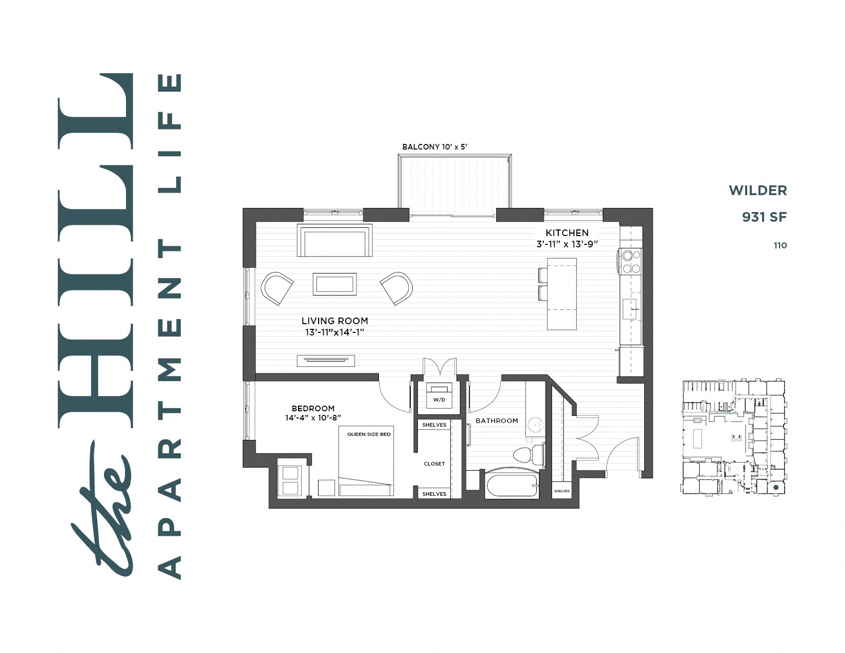 Floor plan for 1 bed, 1 bath, 931 sqft